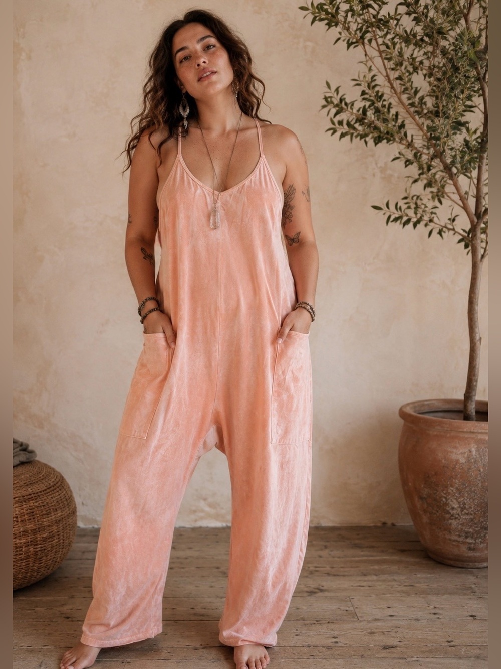 Free People Peach Slip-Style Wide-Leg Jumpsuit